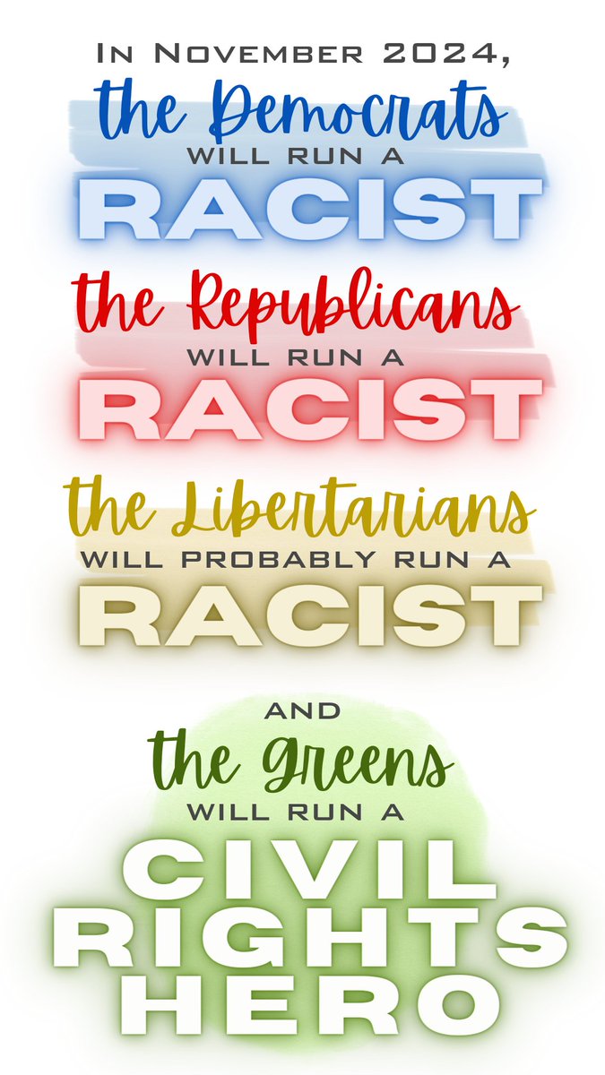 In November 2024, the Democrats will run a racist, the Republicans will run a racist, the Libertarians will probably run a racist, and the Greens will run a Civil Rights hero.

#CornelWest2024 
#CivilRightsMovement