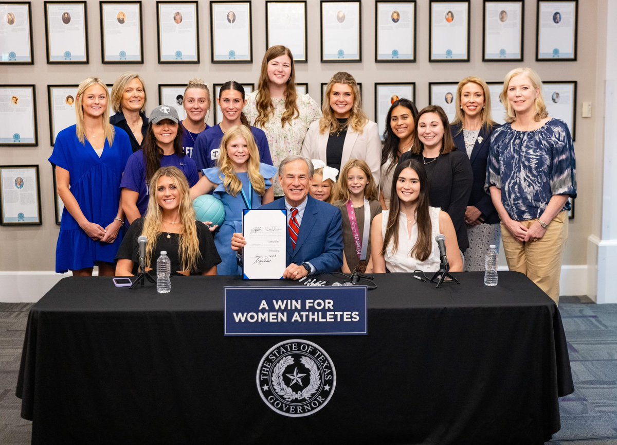 GregAbbott_TX's tweet photo. Women have thrived under college sports.

They've mastered discipline, spurred drive, &amp; cast visions to achieve greatness.

We won’t allow that to be jeopardized in Texas. https://t.co/P8GcB95c4s