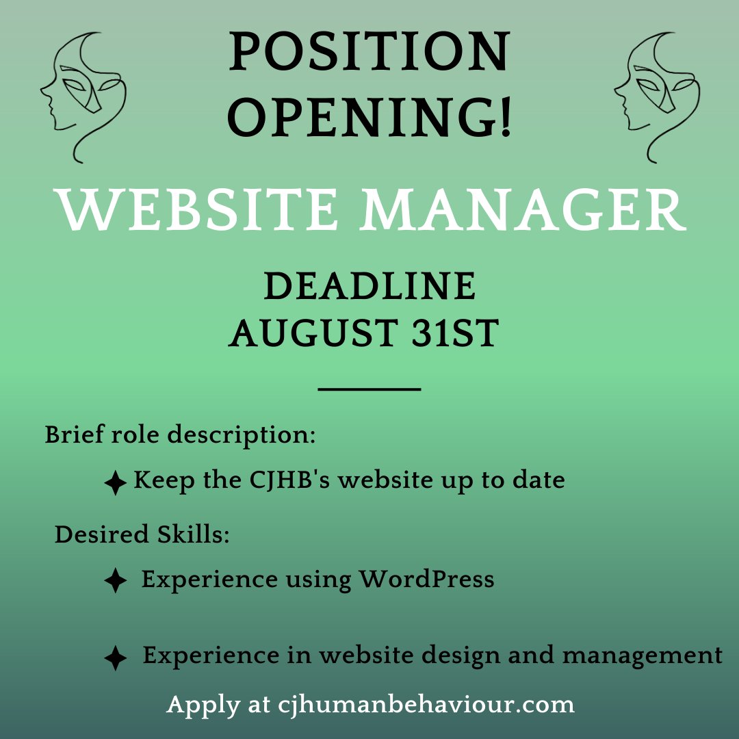 CJofHB's tweet image. 📢Position Opening!📢

The Cambridge Journal of Human Behaviour is looking for a new website manager.

Apply at cjhumanbehaviour.com/join-us/

Contact us at cjhumanbehaviour@gmail.com with any enquiries!