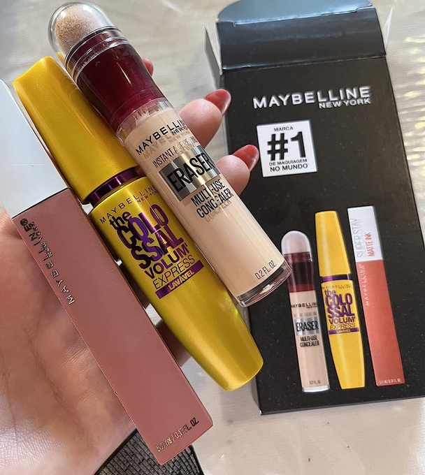 Maybelline NY Kit Queridinhos Batom Líquido Matte Ink 65 Seductress + Máscara De Cílios Colossal Lavável + Corretivo Eraser 130 Medium