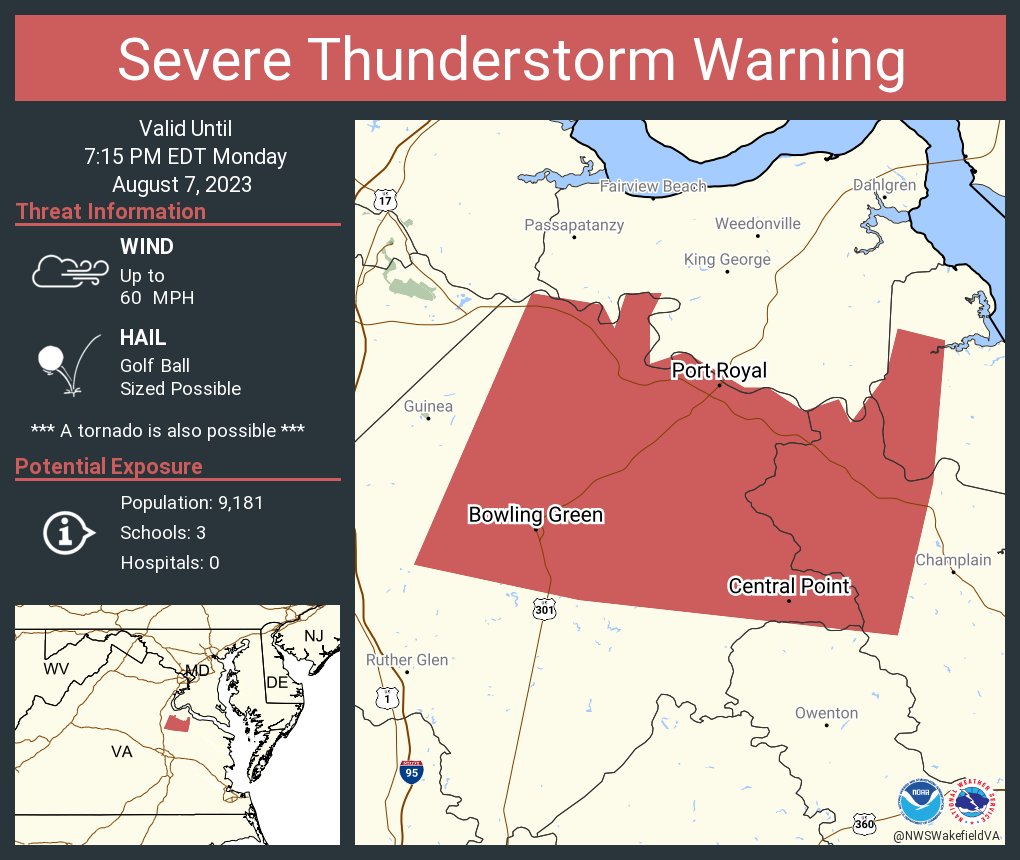 Severe Thunderstorm Warning continues for Bowling Green VA, Port Royal VA and  Central Point VA until 7:15 PM EDT. This storm will contain golf ball sized hail!