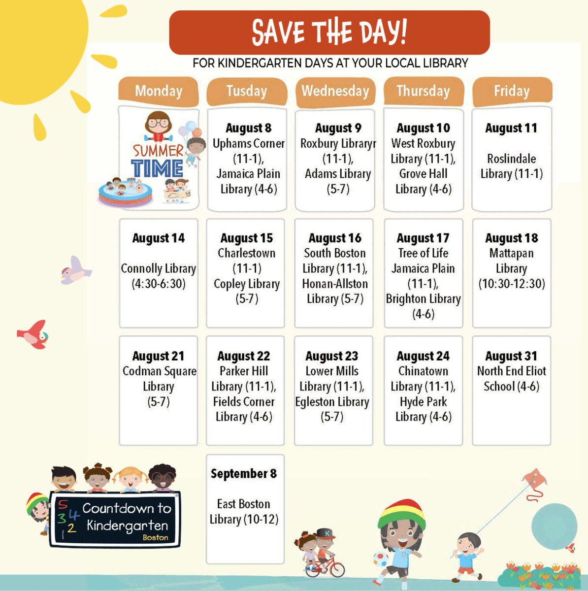 BostonSchools's tweet photo. SAVE THE DATE!
*For Kindergarten days at your local library*

Visit select Boston Public Library branches for: 
New Kindergarten Summer Reading list; Summer Storytime; FREE and low-cost museum passes; Your “I’m Going to Kindergarten” T-SHIRT, Summer Guide and Welcome gift bag! https://t.co/gDC2dEB4O0