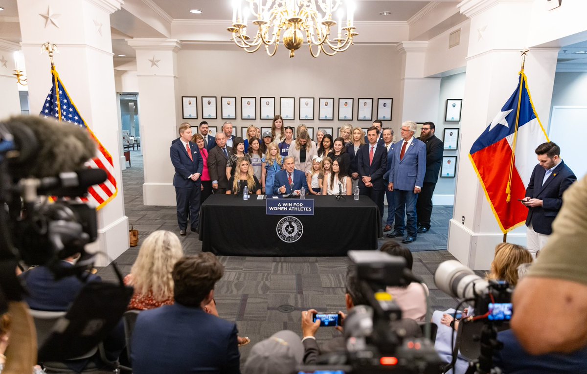 GovAbbottPress's tweet photo. Today, I ceremonially signed the Save Women’s Sports Act at the Texas Women’s Hall of Fame in Denton. 

Proud to be joined by @Riley_Gaines_, @PaulaYScanlan, and a dozen other female athletes to celebrate this momentous law to protect women’s sports in Texas. https://t.co/bw3cge3rNF