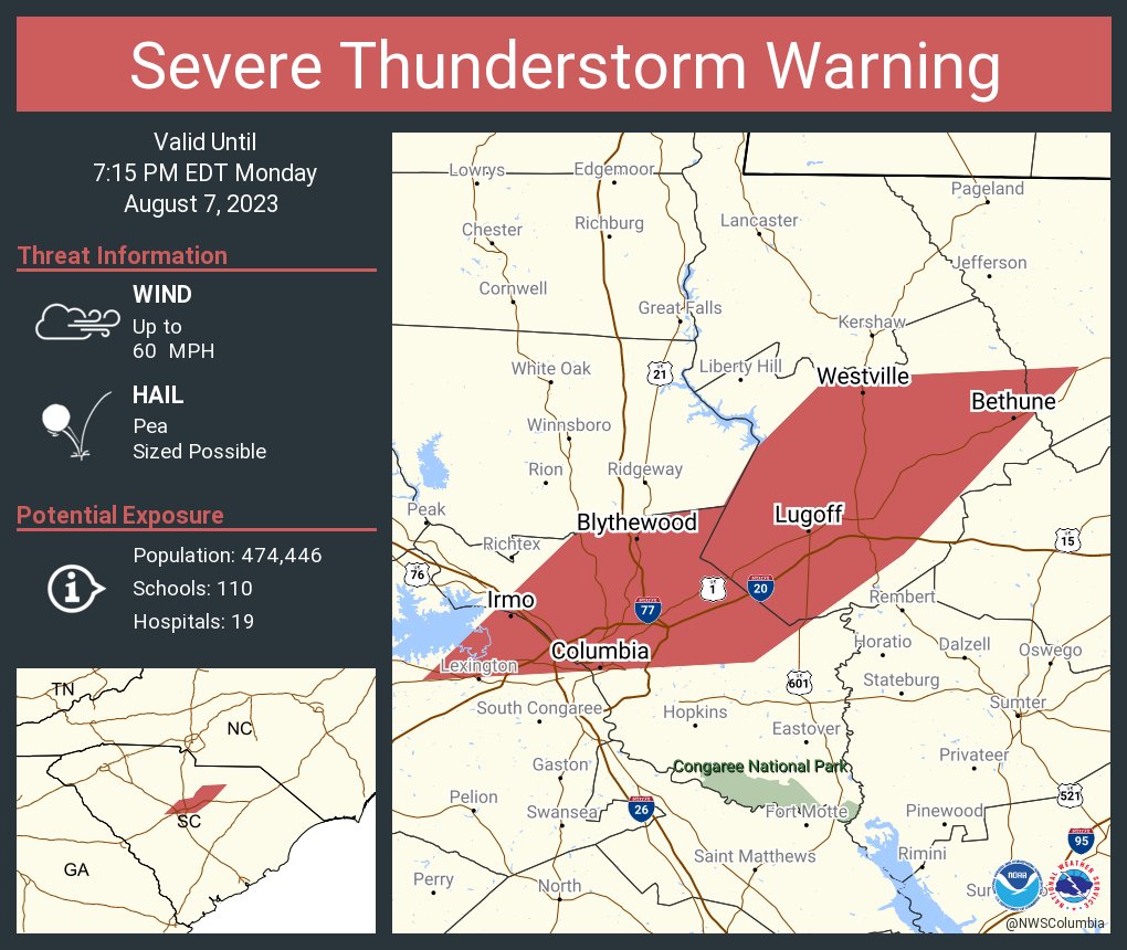 Severe Thunderstorm Warning continues for Columbia SC, Dentsville SC and  Irmo SC until 7:15 PM EDT