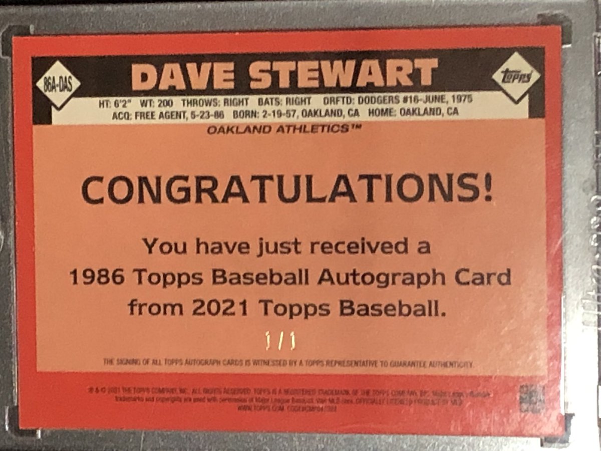 WickedCurveCard's tweet photo. Ladies and Gentlemen, I present the 2021 Topps ‘86 Topps Autographs Dave Stewart Full 5 Card Rainbow. So happy to have the 1/1 safe and sound in the mail today. #Topps #CardRainbow #DaveStewart #Hobby https://t.co/dxLlDppOsx
