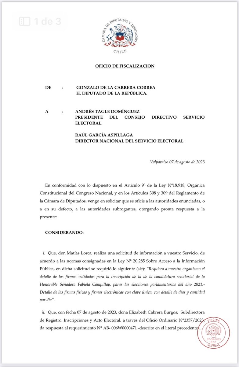 carreragonzalo's tweet photo. Hoy oficié al Servel y Gob. Digital para descifrar cómo logró sus firmas Fabiola Campillai. Pedi:
1. Detalle fecha, hora y dirección IP, asociadas a la Clave Única que patrocinaron la candidatura de Fabiola Campillai
2. Fecha de activación de Claves Únicas, de los patrocinantes. https://t.co/PdksR4HGX4