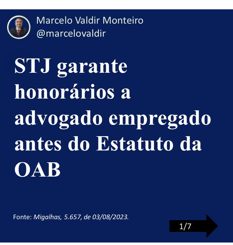 marcelovaldir's tweet photo. STJ garante honorários a advogado empregado antes do Estatuto da OAB 🏛️💼✨

O STJ decidiu que os honorários sucumbenciais de causas julgadas antes do Estatuto da Advocacia de 1994, nas quais atuou advogado empregado, pertencem ao causídico, e não à parte. https://t.co/OFmezjUmnU