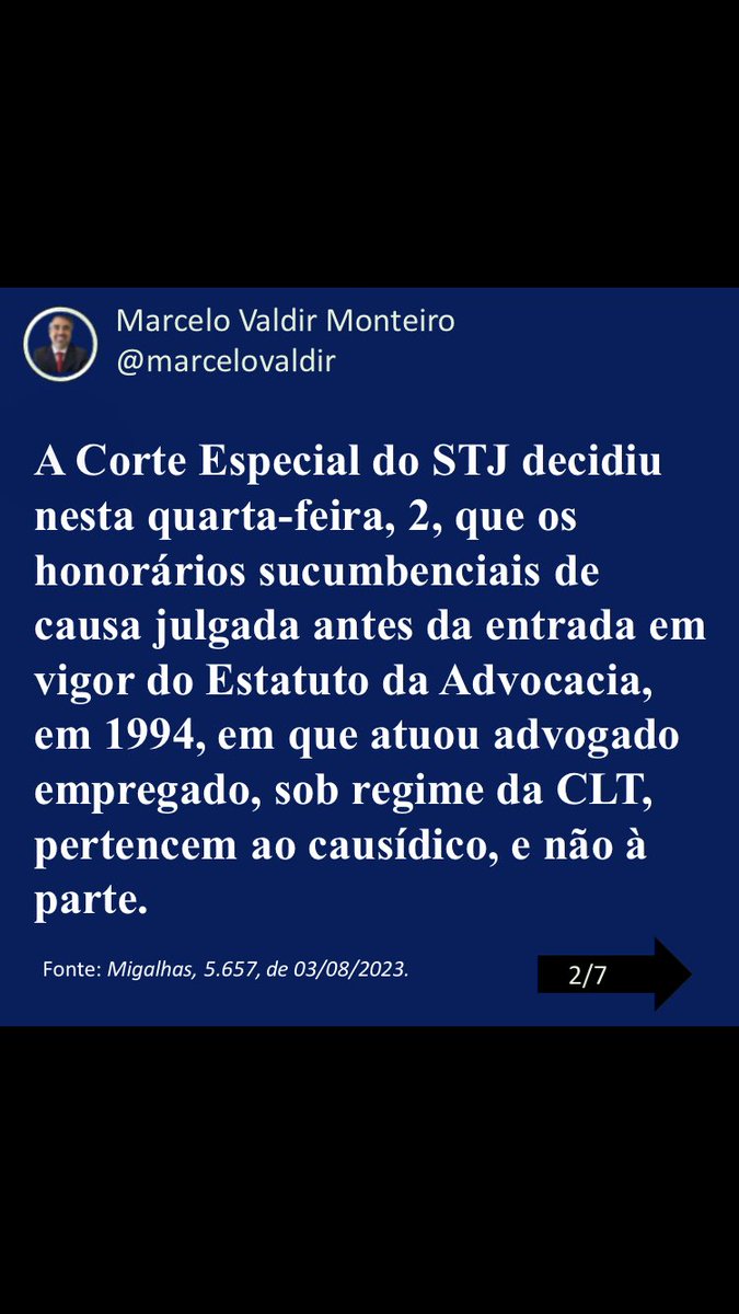 marcelovaldir's tweet photo. STJ garante honorários a advogado empregado antes do Estatuto da OAB 🏛️💼✨

O STJ decidiu que os honorários sucumbenciais de causas julgadas antes do Estatuto da Advocacia de 1994, nas quais atuou advogado empregado, pertencem ao causídico, e não à parte. https://t.co/OFmezjUmnU