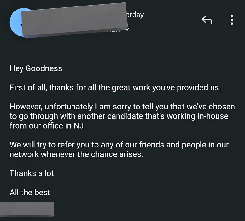 This rejection mail hit hard 🥺 after passing all stages.
To whom it may concern, I'm a Product &amp; Brand designer 
Trust me I'm good.
Please #retweet, my next client might be on your TL
links  to portfolio:
dribbble.com/Goodnessmedia
behance.net/Okwudilgoodnes

#uiuxdesign
#designer