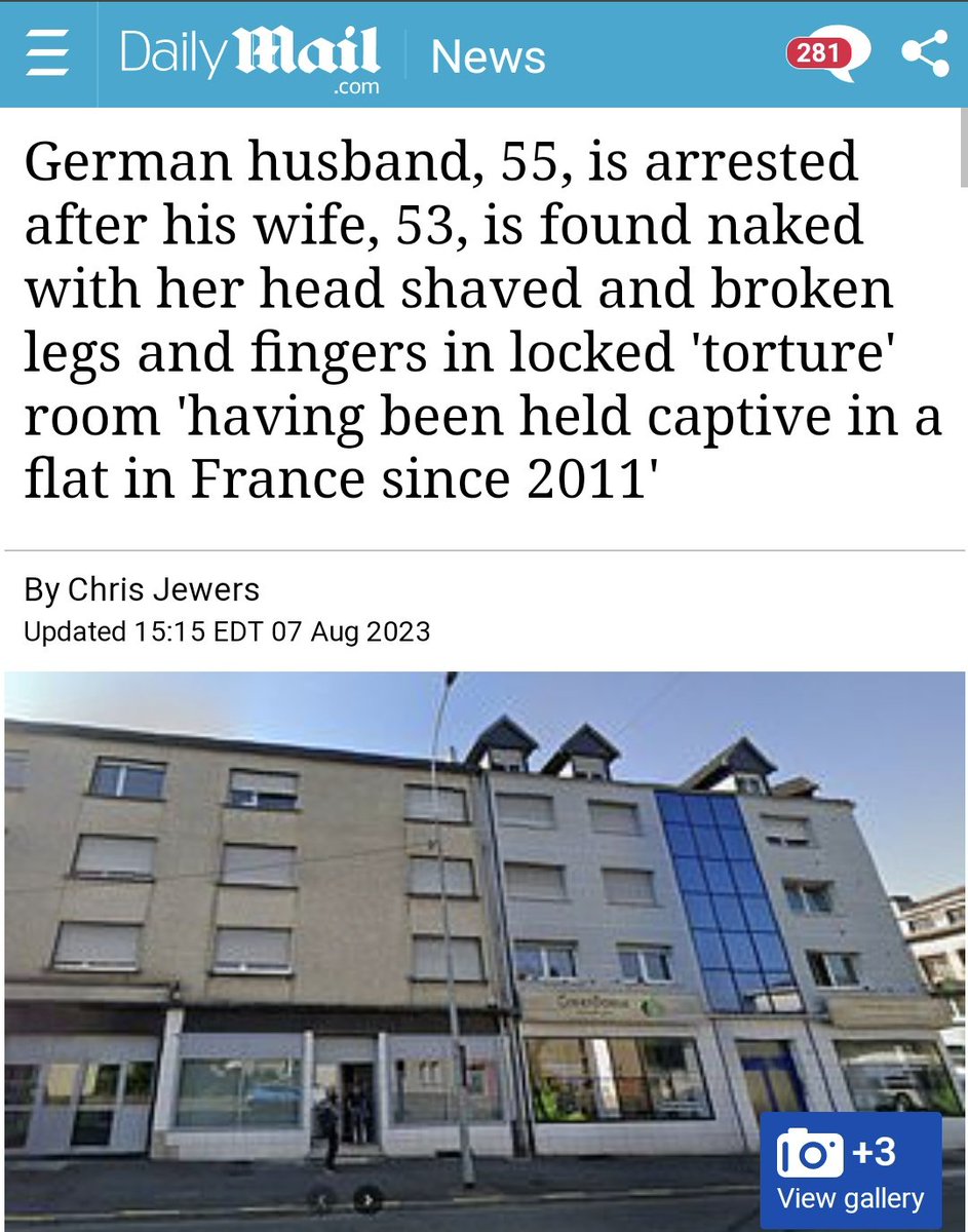 WomenReadWomen's tweet photo. A German man has been arrested in France after his wife was found naked inside a torture room with her head shaved and her fingers and both legs broken.

The 55-year-old is accused of holding his 53-year-old wife captive in a flat since 2011.

Her hair had been shaved off, there were signs her legs and fingers had been broken, and it appeared that she had not eaten in a long time.

Police said the bedroom was closed off with metal wire.

Investigators from the judicial police of Metz found a torture bench inside the dwelling, as well as a notebook in which the man is said to have noted the time he fed her.

Full article:
https://t.co/FTUgFfuHTI