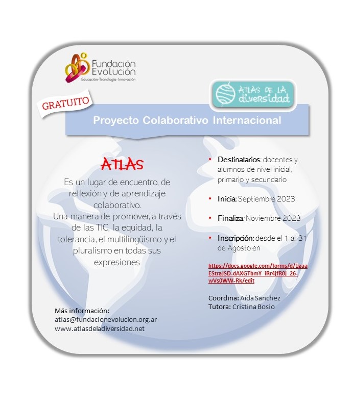 Nueva gran Noticia! #ATLAS: Segunda Edición 2023 del Proyecto Colaborativo Internacional 
<a href="/AtlasDiversidad/">AtlasdelaDiversidad</a>: #Inscripción en línea hasta el 31 de agosto de 2023 en: bit.ly/3ymdih7 ¡Te esperamos con tu grupo de alumnos! 👫👭👬🧑‍🤝‍🧑#atlaslab / 
<a href="/FundEvol/">Fundación Evolución</a>