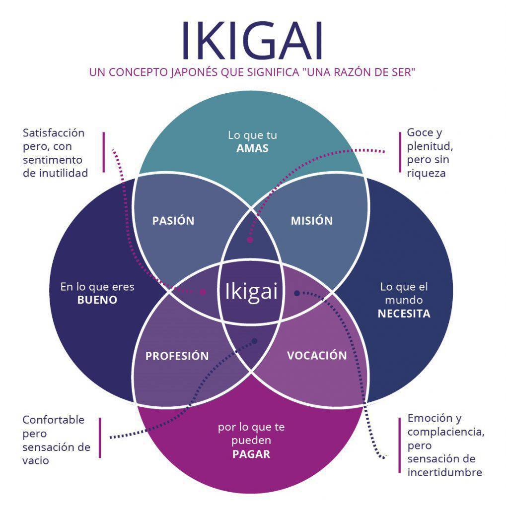 El denominado secreto de la felicidad

IKIGAI la suma de cuatro puntos clave de la vida:
-pasión
-vocación
misión
-profesión

Se alcanza si logras combinar aquello que amas, en lo que eres bueno, lo que el mundo necesita y con aquello por lo que ganamos dinero