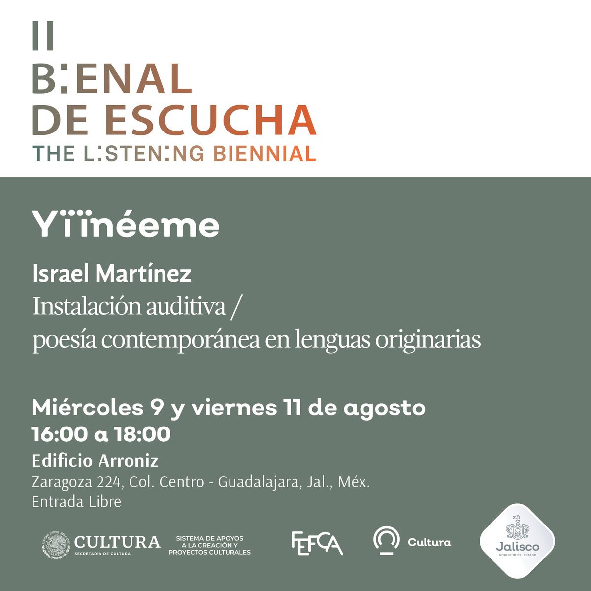 YÏÏNÉEME es una instalación auditiva en la que se reproduce un archivo de poesía contemporánea en lenguas originarias. En la II Bienal de Escucha podrán oírlo el miércoles 9 y el viernes 11 de agosto entre las 16:00 y las 18:00. <a href="/CulturaJalisco/">Cultura Jalisco</a>  <a href="/SistemaCreacion/">Sistema de Apoyos a la Creación</a>