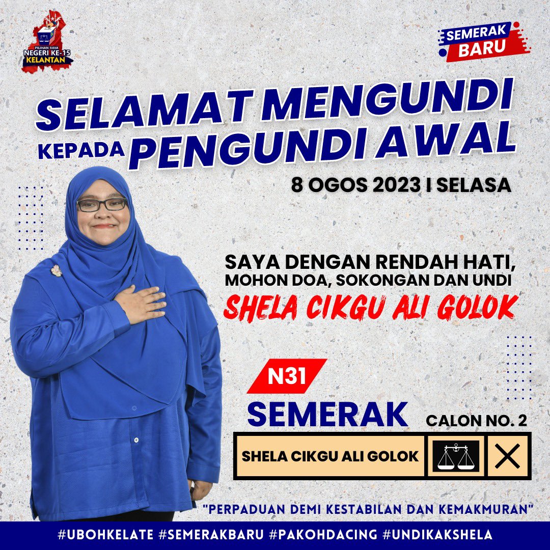 marshelaali's tweet photo. Selamat Mengundi kepada Pengundi-Pengundi Awal! Saya dengan rendah hati memohon doa, sokongan dan undian dari semua rakyat Semerak. 

Satu ❎ untuk Kak Shela ‼️

#pakohdacing 
#n31semerak 
#semerakbaru 
#kerajaanperpaduan 
#ubohkelate
#undikakshela https://t.co/cZZZCm5gYA