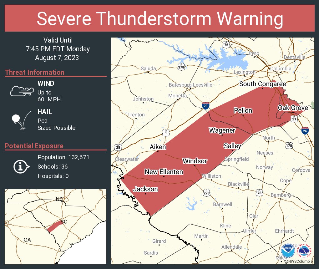 Severe Thunderstorm Warning continues for Aiken SC, Oak Grove SC and  South Congaree SC until 7:45 PM EDT