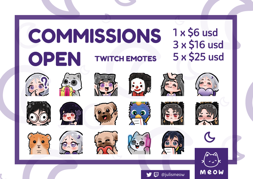 julismeow's tweet photo. ✿ COMMISSIONS OPEN ✿
Renuevo mi plantilla de comisiones ʚ♡ɞ
Se agradecen likes y RTs 💜
Para más información pueden comunicarse conmigo por MD de twitter ✨
#art #emoteartist #emotes #PFPs #twitchemotes https://t.co/qsnxpf2Hlp