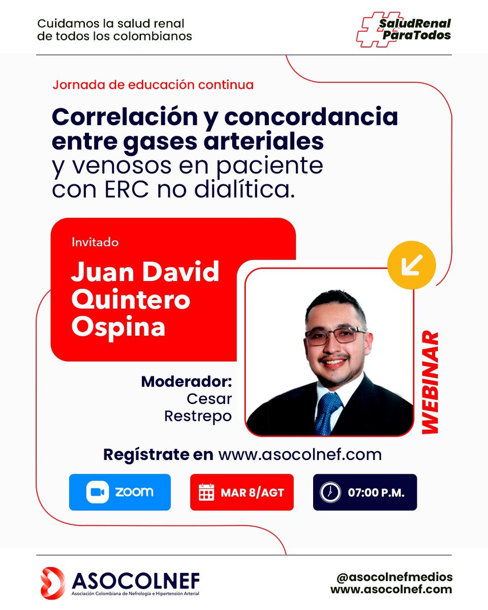 asocolnefmedios's tweet photo. 👉 ¡Recuerda! 
Webinar, jornada de educación continua.

"Correlación y concordancia entre gases arteriales y venosos en paciente con ERC no dialítica".

#asocolnef #nefrologia #webinars #webinarsdenefrologia #simpsio #enfermedadrenal #renal #colombia https://t.co/5tzcPmUHmB