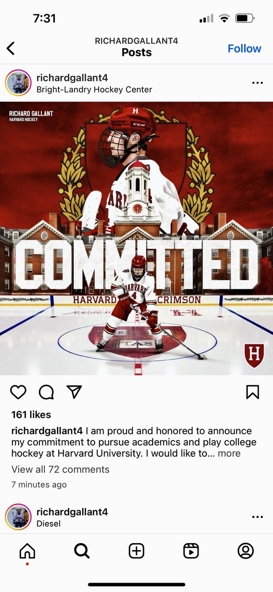 CarlCorazzini's tweet photo. Congratulations to ⁦@Richard4Gallant⁩ on his commitment to ⁦@HarvardMHockey⁩. Such a high hockey iq and an extreme competitor. Only going to get better! https://t.co/yOi0eOi7D3