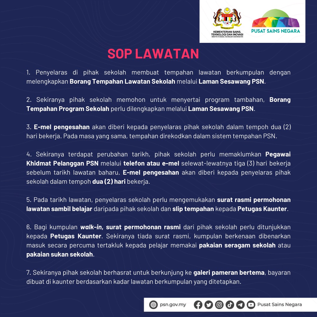 MASUK PERCUMA KE PUSAT SAINS NEGARA UNTUK LAWATAN RASMI SEKOLAH

Seperti semua sedia maklum, MOSTI telah menawarkan kemasukan percuma ke Pusat Sains Negara untuk lawatan rasmi sekolah.

#JomTerokaiSains #SainsItuMudah #JustScienceIt #STEM #STIE #PusatSainsNegara #MOSTI