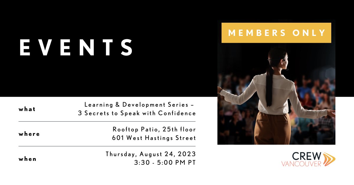 CREW Vancouver (@crewvancouver) on Twitter photo CREW Vancouver's Membership Committee is excited to invite our members to a Learning & Development workshop with a focus on public speaking, led by world-renowned communication trainer, <a href="/leveluplucas/">Lucas Mattiello</a>. RSVP now before all seats are filled at bit.ly/44XrXgO! CREW Vancouver's Membership Committee is excited to invite our members to a Learning & Development workshop with a focus on public speaking, led by world-renowned communication trainer, <a href="/leveluplucas/">Lucas Mattiello</a>. RSVP now before all seats are filled at bit.ly/44XrXgO!