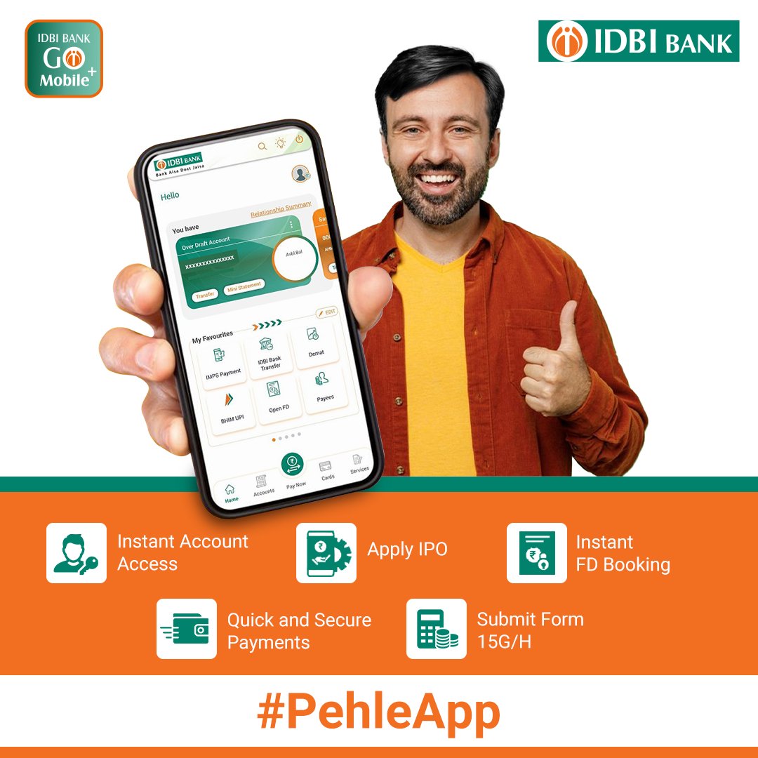 IDBI_Bank's tweet photo. Download the IDBI Bank Go Mobile+ app now and bring speed and convenience to your banking journey!
#PehleApp #IDBIBank #GoMobile+ #MobileBanking https://t.co/lG8ANOYtiY