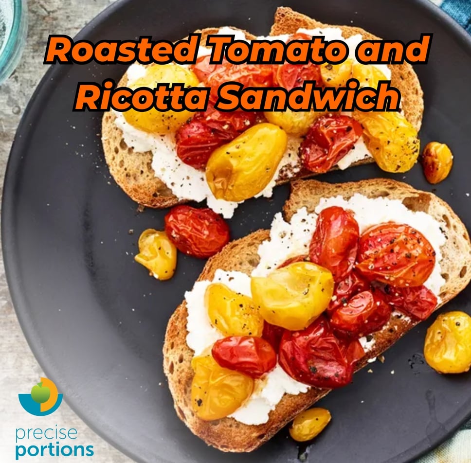 PrecisePortions's tweet photo. Heat oven to 325° &amp; line a sheet pan with parchment paper
On the pan, toss tomatoes with olive oil, salt, &amp; pepper. Roast 45 min, until soft. Cool slightly.
While tomatoes cool, toast bread pieces under broiler, cut side up.
Spread bread with ricotta &amp; top with roasted tomatoes. https://t.co/74PCMgS2Is