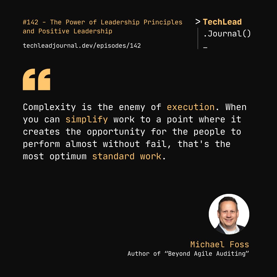 techleadjournal's tweet photo. Aim to create a standard work in order to simplify work complexity.

Hear more from @CoachFoss in episode 142.
https://t.co/9ixQ459RE5 https://t.co/s58Adb86zZ