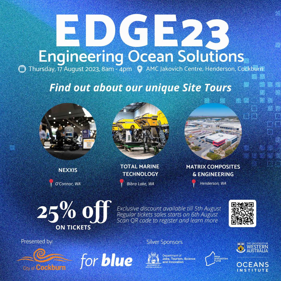 🚀 Exciting event ahead! Join us to explore 3 top engineering &amp; manufacturing sites in WA. 🏭 

REGISTER NOW and get 25% discount on tickets forblue.io/edge23/

Limited spots, so act fast! Don't miss this unique opportunity!

#EDGE23 #EdgeinCockburn #blueeconomy