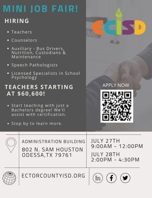 ecisdHR's tweet photo. We are excited to announce that ECISD will be hosting a Mini-Job Fair at the ECISD Administration Building on Thursday, July 27, from 9:00 am to 12:00 pm and Friday, July 28, from 2:00 pm to 4:30 pm. 
#JoinECISD #TeamECISD #Impact #ECISDHR https://t.co/OGBgisHz2B