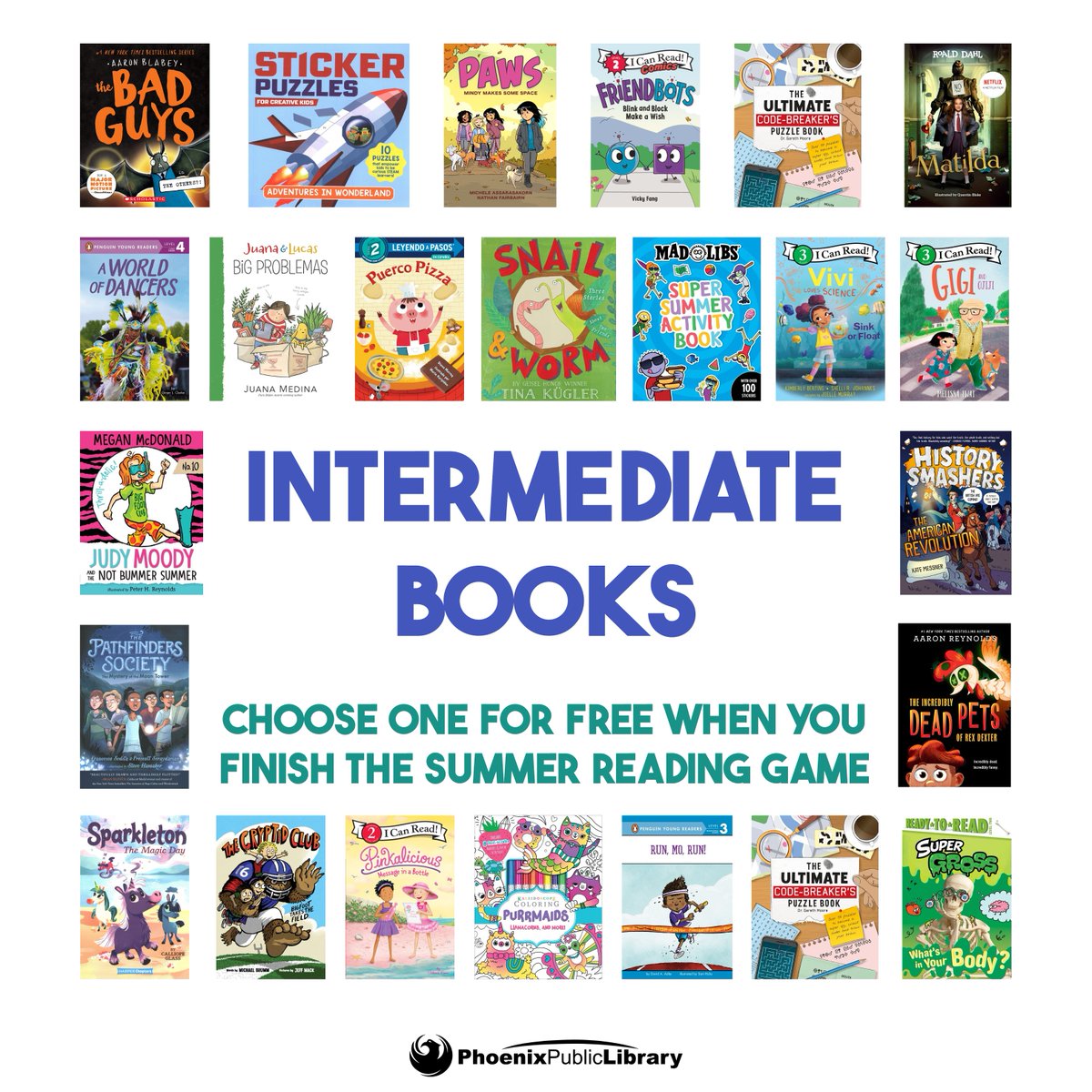 PhxLibrary's tweet image. It’s the final week of the #SummerReadingGame. ☀️📚  Log your minutes &amp;amp; look forward to a FREE BOOK when you finish. Take a look @ the great titles you can choose. The game ends on 8/1, so keep up the good work! Ready… set… #AllTogetherNow! bit.ly/2ps9plA