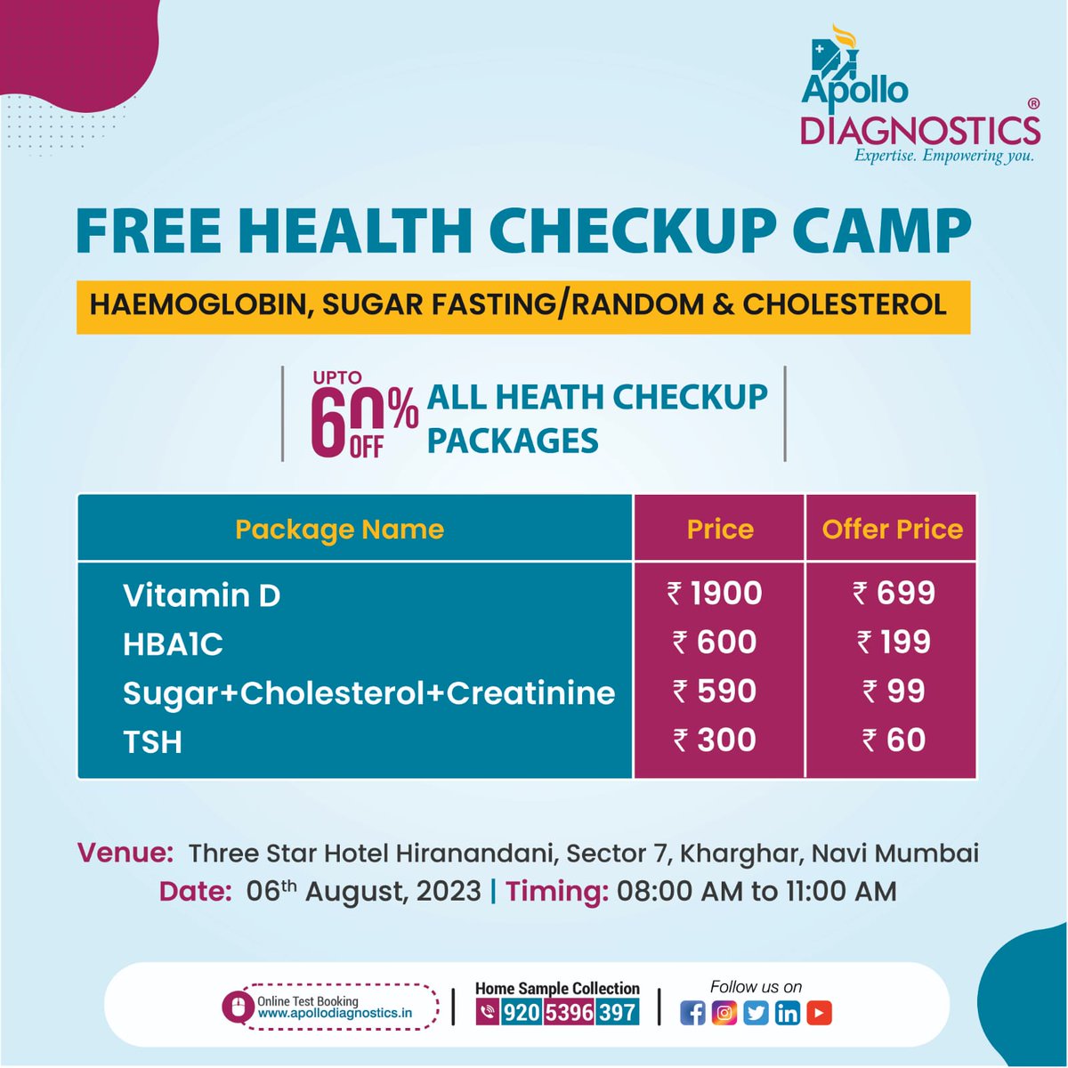 ulchisharma's tweet photo. Dear Friends, We are organizing free medical camp on 6th Aug,23@Three Star Hotel, Sector7, Kharghar, Navi Mumbai. Please register and avail huge discounts on other tests https://t.co/LXcNl5v1GZ