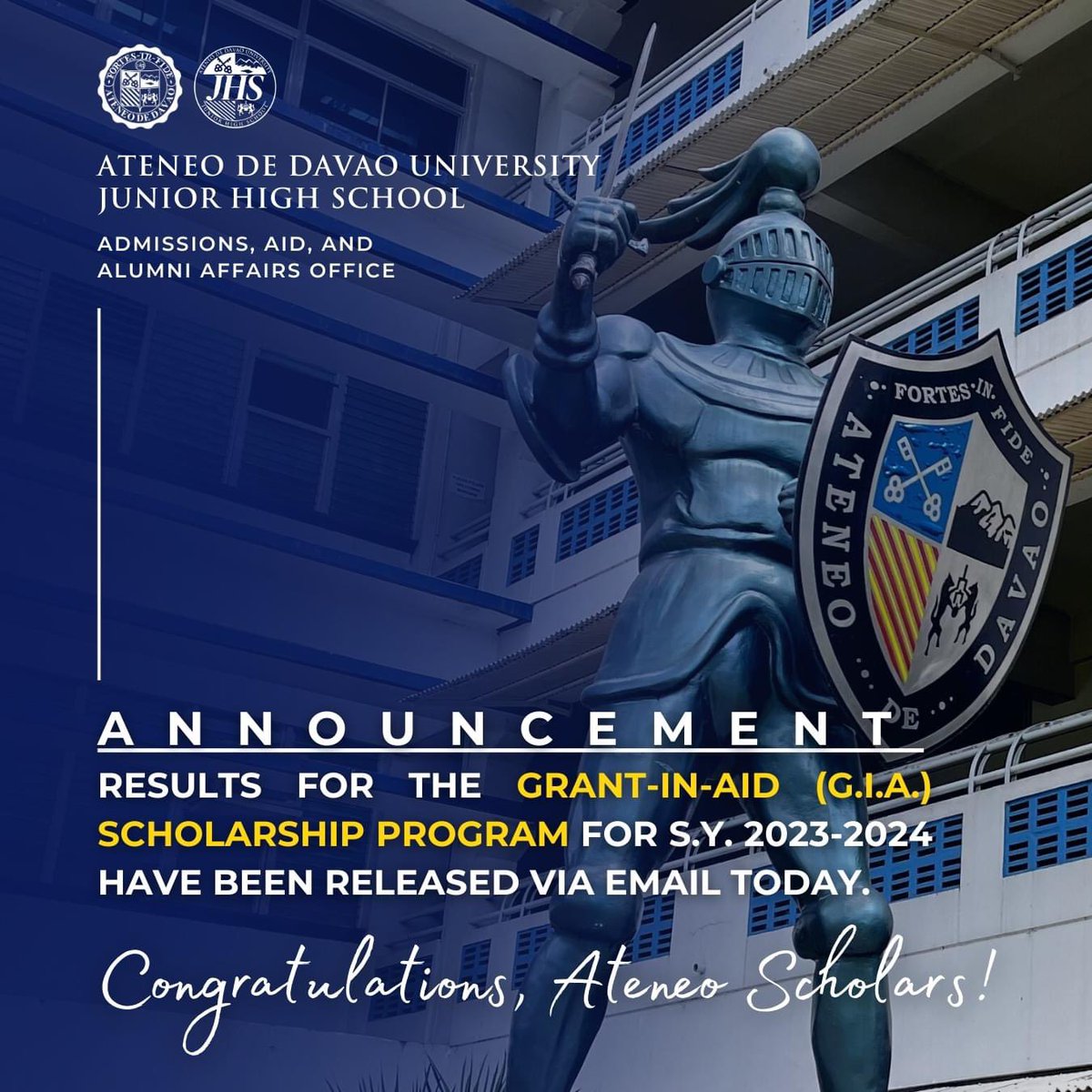 AdDU_JHS's tweet photo. ANNOUNCEMENT | GRANT-IN-AID (G.I.A.) results for SY 2023-2024 have been released via email today.

Congratulations, Ateneo scholars! AMDG. 💙

Incoming Grade 7 ESC online application is ongoing! For more info, visit https://t.co/2ISvlrRFe3

#aimhighataddujuniorhigh https://t.co/WH04FZAof0