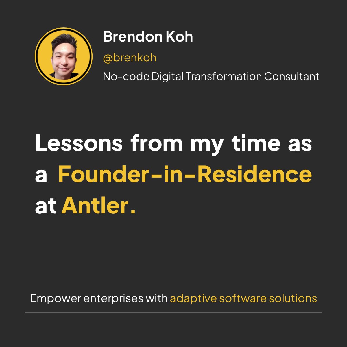 Brenkoh's tweet photo. Here's what I learnt from Antler.
1️⃣ Be obsessed about the problem
2️⃣ Create Ideation Boundaries
3️⃣ Validate, validate, validate
#antler #startup #entrepreneur #sg #digitaltransformation #startups #hyperfam #singapore #nocodeasia #nocodesingapore #nocodeplatform #database https://t.co/U5NfrSOufM