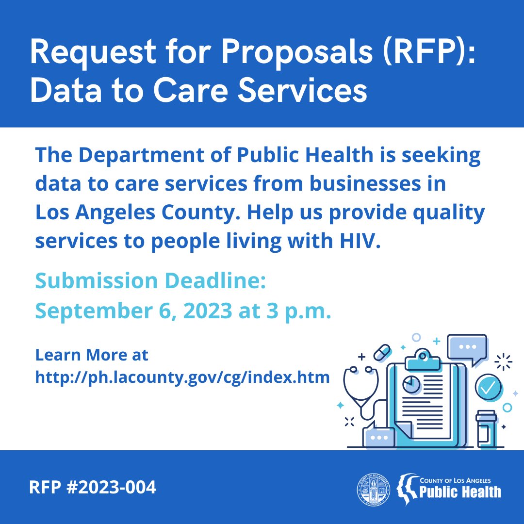 lapublichealth's tweet photo. 📢Calling LA County HIV Service Organizations!
We're seeking proposals from organizations that provide & implement #DatatoCare services. Help us provide quality care & supportive services for people living with HIV.
Deadline: 9/6/23 @ 3pm
For more: https://t.co/fEpjj6OfyK
#PLWH https://t.co/Lp7fpHwLep