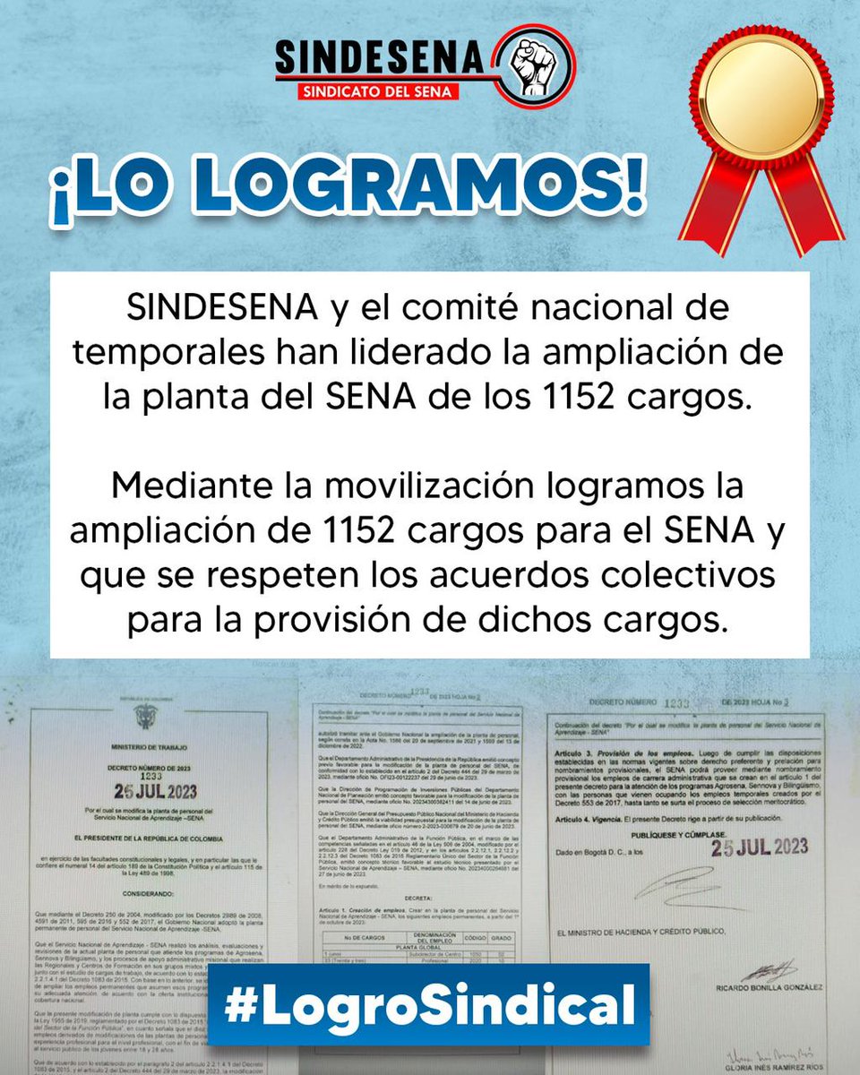 <a href="/wilsonariasc/">Wilson Arias</a> <a href="/sindesenacol/">Sindicato del SENA</a> Este también es un logro suyo, estimado Senador, clave su apoyo y gestión. Gracias a <a href="/petrogustavo/">Gustavo Petro</a> que confió en la lucha sindical de <a href="/temporalesSENA/">Provisionales Sena</a> por el fortalecimiento del <a href="/SENAComunica/">SENA</a> <a href="/sindesenacol/">Sindicato del SENA</a> 
Seguiremos apoyando #ReformaLaboral #ReformaALaSalud #ReformaDePensiones