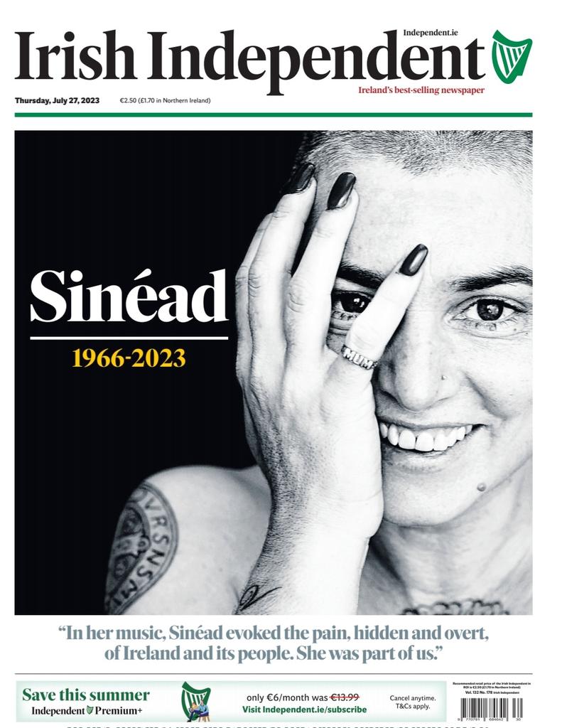 Irish Independent front page. Lovely #SineadOConnor