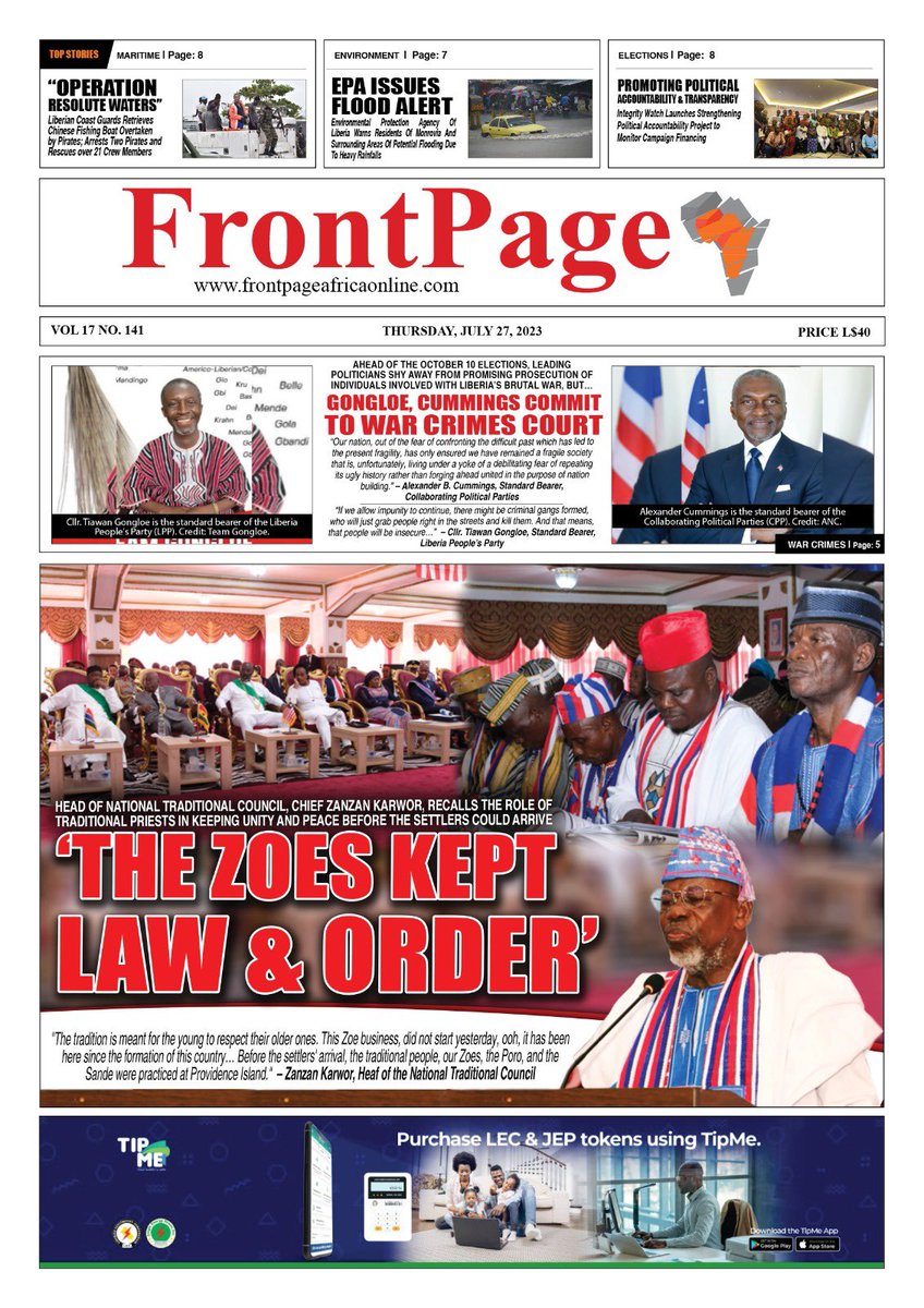 FPAfrica's tweet photo. EARLY EDITION: FrontPageAfrica’s Print Edition Cover for Thursday, July 27, 2023. https://t.co/gIBqKRvc7l