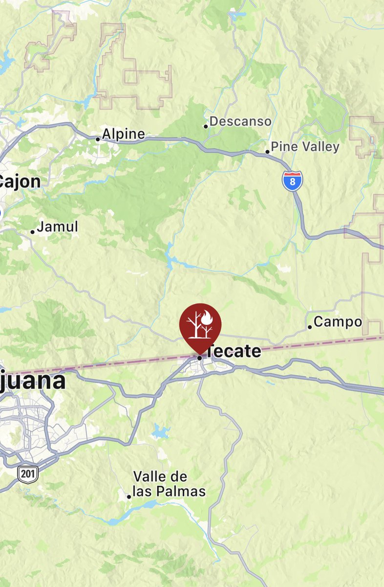 CALFIRESANDIEGO's tweet photo. .CAL FIRE/San Diego County Fire is on scene of a vegetation fire on the international border on the south slope of Tecate Peak. The fire is 200 acres in Mexico and 100 acres in the United States. Air resources are overhead dropping on the fire. #Border20Fire https://t.co/ZfLDg5EFid