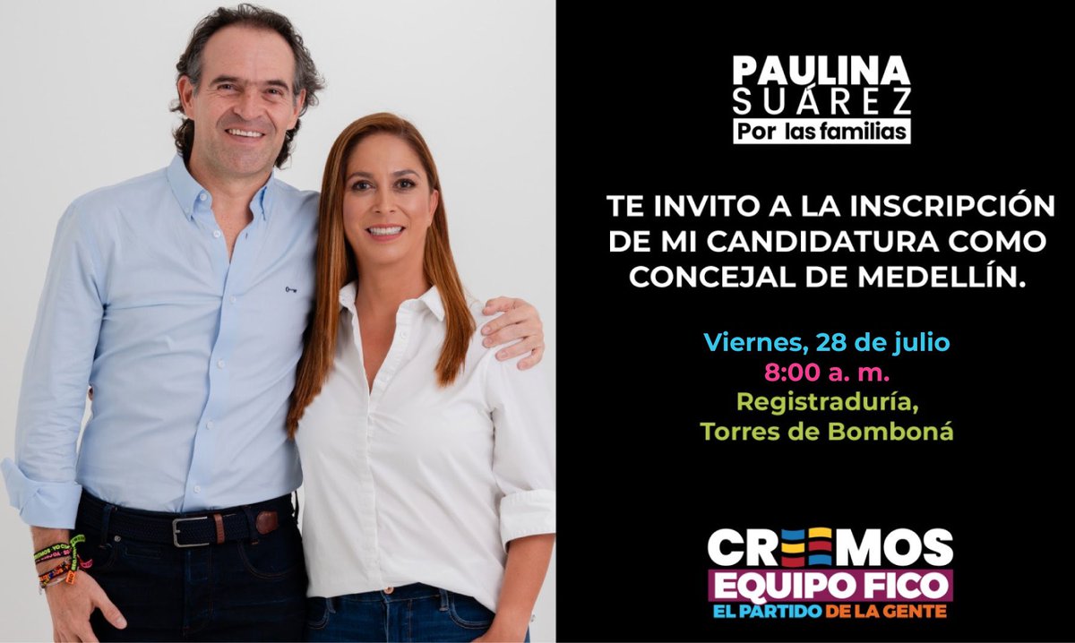 Este viernes te invito a que me acompañes a inscribir mi candidatura al Concejo de Medellín. Voy a trabajar con la pasión que siempre me ha movido: el amor y el servicio #PorLasFamilias