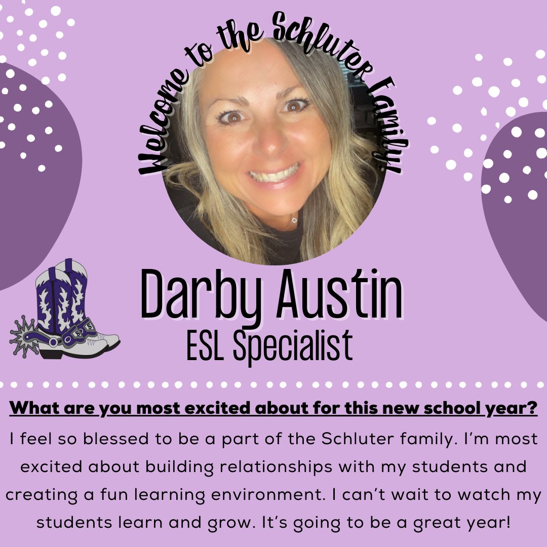 💜 Welcome Wednesday 💜 Please say hello to Darby Austin, ESL Specialist, for the 23-24 school year! Welcome to the Schluter Family! <a href="/NorthwestISD/">Northwest ISD</a> 
#schluterelem #spurs4life #schluterstrong #schluterspurs #nisd #northwestisd #welcomewednesday