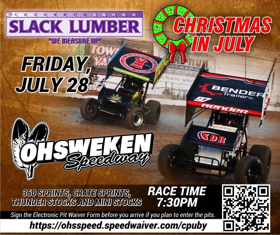 OhswekenSpdway's tweet photo. OHSWEKEN SPEEDWAY CHRISTMAS IN JULY TOY DRIVE REMINDER: https://t.co/Lc5F6FS2ZG https://t.co/hEfJI3TZA4