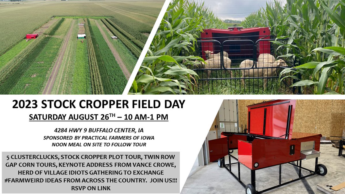 zebulousprime's tweet photo. 2023 STOCK CROPPER FIELD DAY ANNOUNCEMENT!!!!  SATURDAY AUG 26TH 10 AM-1 PM.  5 CLUSTERCLUCKS, GAP TWINROW CORN PLOTS, KEYNOTE ADDRESS BY @VanceCrowe.   SPONSORED BY @practicalfarmer.  ALL ARE WELCOME.  RSVP on this link for lunch count. https://t.co/lJuEDnCdI2 https://t.co/1F1gG1QUYc