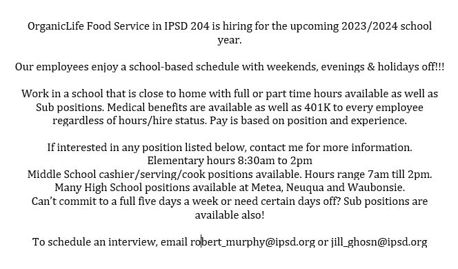 D204 Food Service is Hiring!