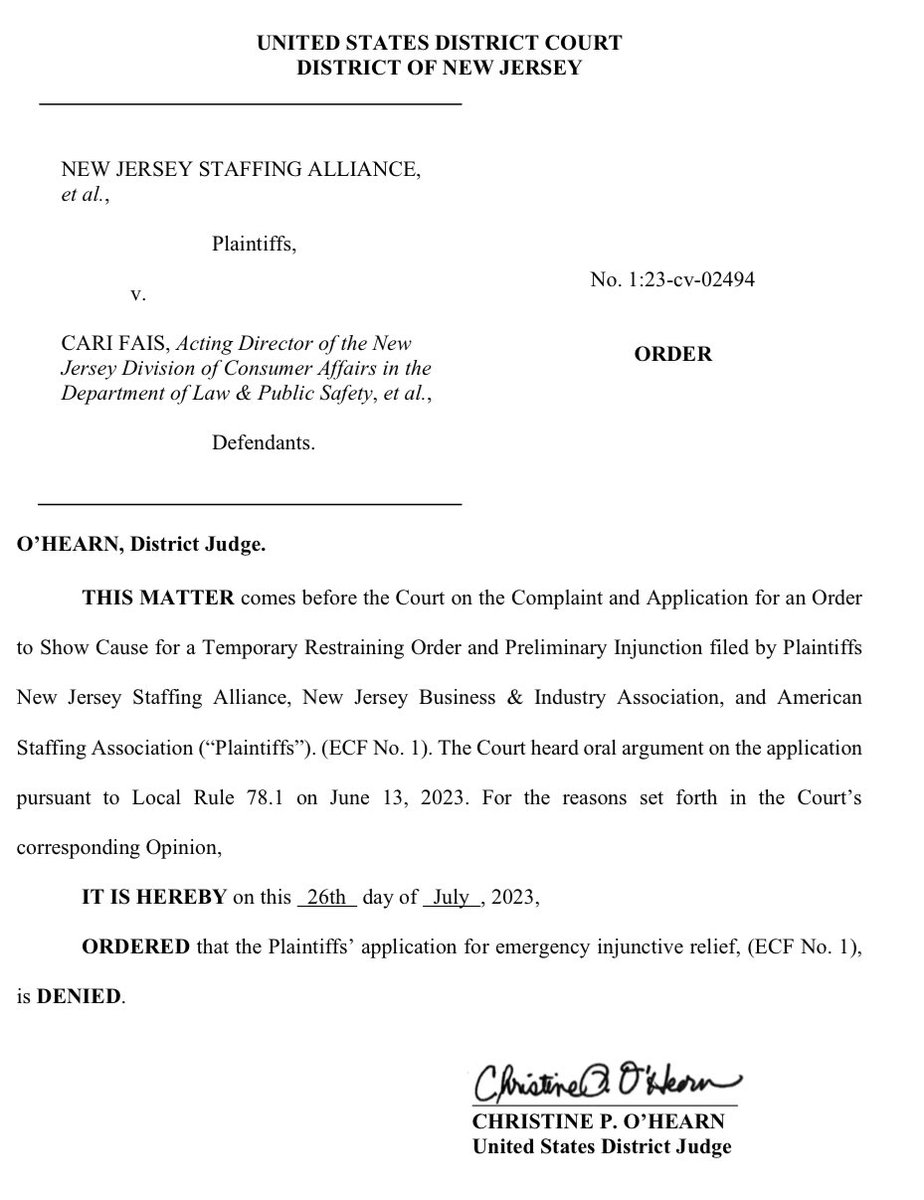 #BREAKING NJ Federal Judge rejects <a href="/NJSAJOBS/">NJ Staffing Alliance</a> <a href="/NJBIA/">NJBIA</a> attempt to halt the Temp Workers’ Bill of Rights.

The law provides 100s of thousands of essential temp workers w/ basic rights, brings standards to a lawless industry &amp; holds employers accountable.

When we fight, we win!