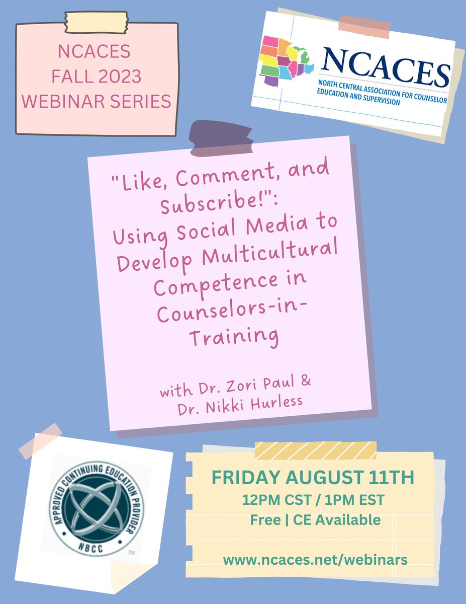 NorthAces's tweet image. Join #NCACES for the FIRST webinar of our Fall 2023 webinar series! &quot;Like, Comment, and Subscribe!&quot;: Using Social Media to Develop Multicultural Competence in Counselors-in-Training&quot; with Dr. Zori Paul &amp;amp; Dr. Nikki Hurless, August 11, 12pm CST!

Register: us02web.zoom.us/meeting/regist…