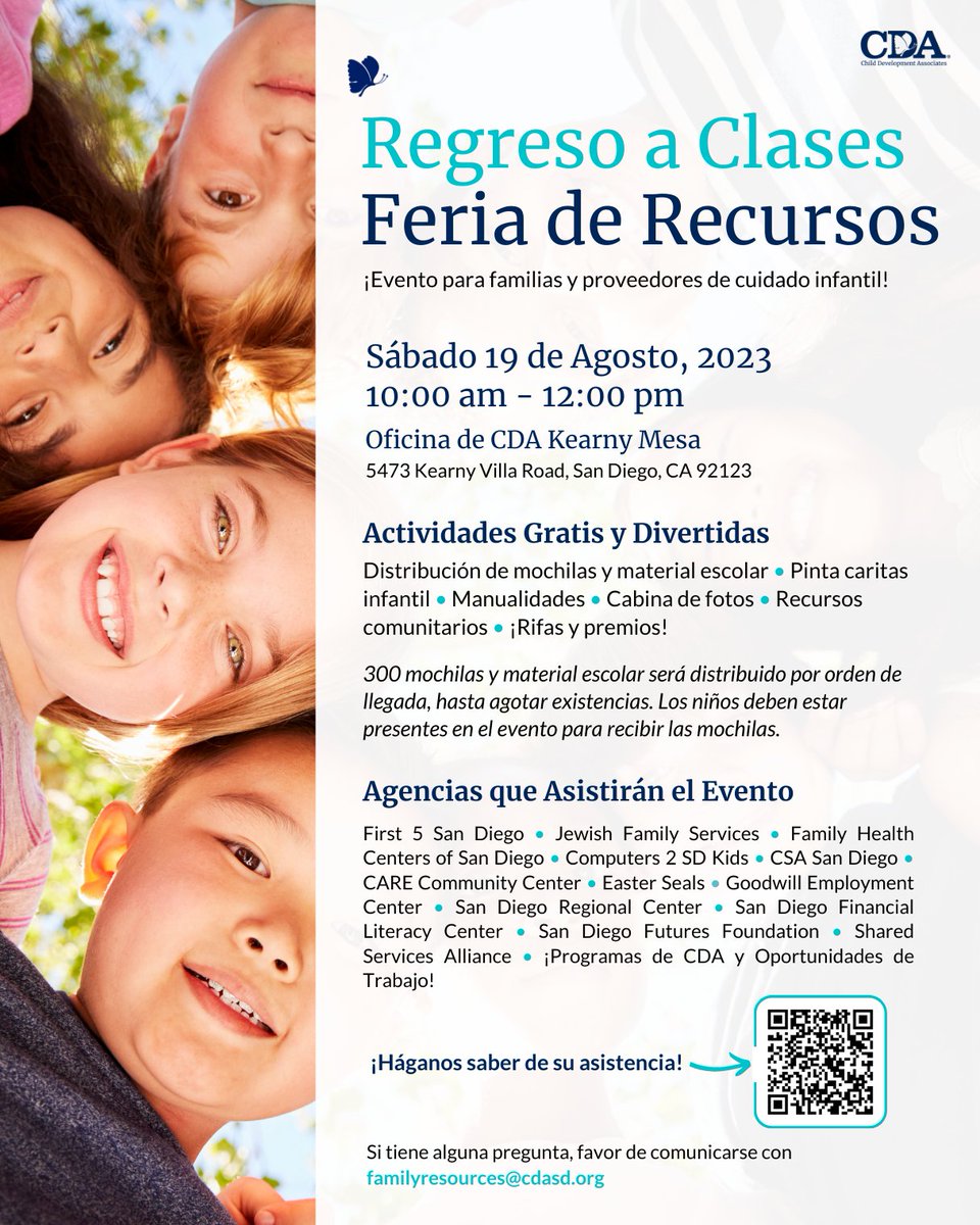 Get ready to kick off the new school year with some fun! 🎉 Join our back-to-school resource fair happening on Saturday, August 19th from 10AM-12PM at the CDA Kearny Mesa Office. Sign up at: form.jotform.com/231986072564060

See you there! 🎒👨‍👩‍👧‍👦🎨📸🎁