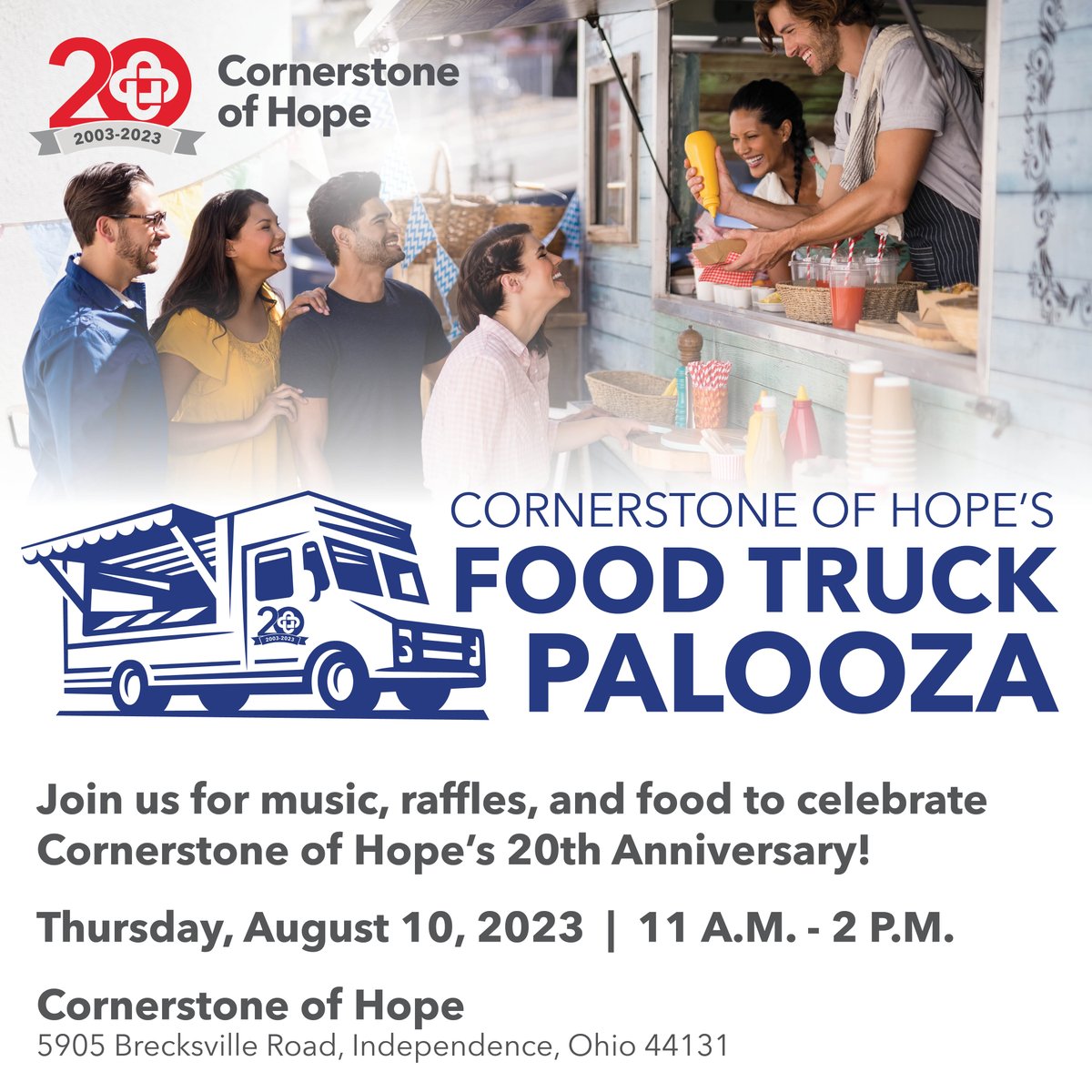 ClevelandCOH's tweet photo. Join us for music, raffles, and food to celebrate Cornerstone of Hopeโs 20th Anniversary! Food trucks will be available to purchase lunch, and 20% of all sales will be donated back to Cornerstone of Hope. #20thAnniversary #FoodTruck #GrieveWithHope #NeverGrieveAlone #Cleveland https://t.co/pV3xLpU3jr
