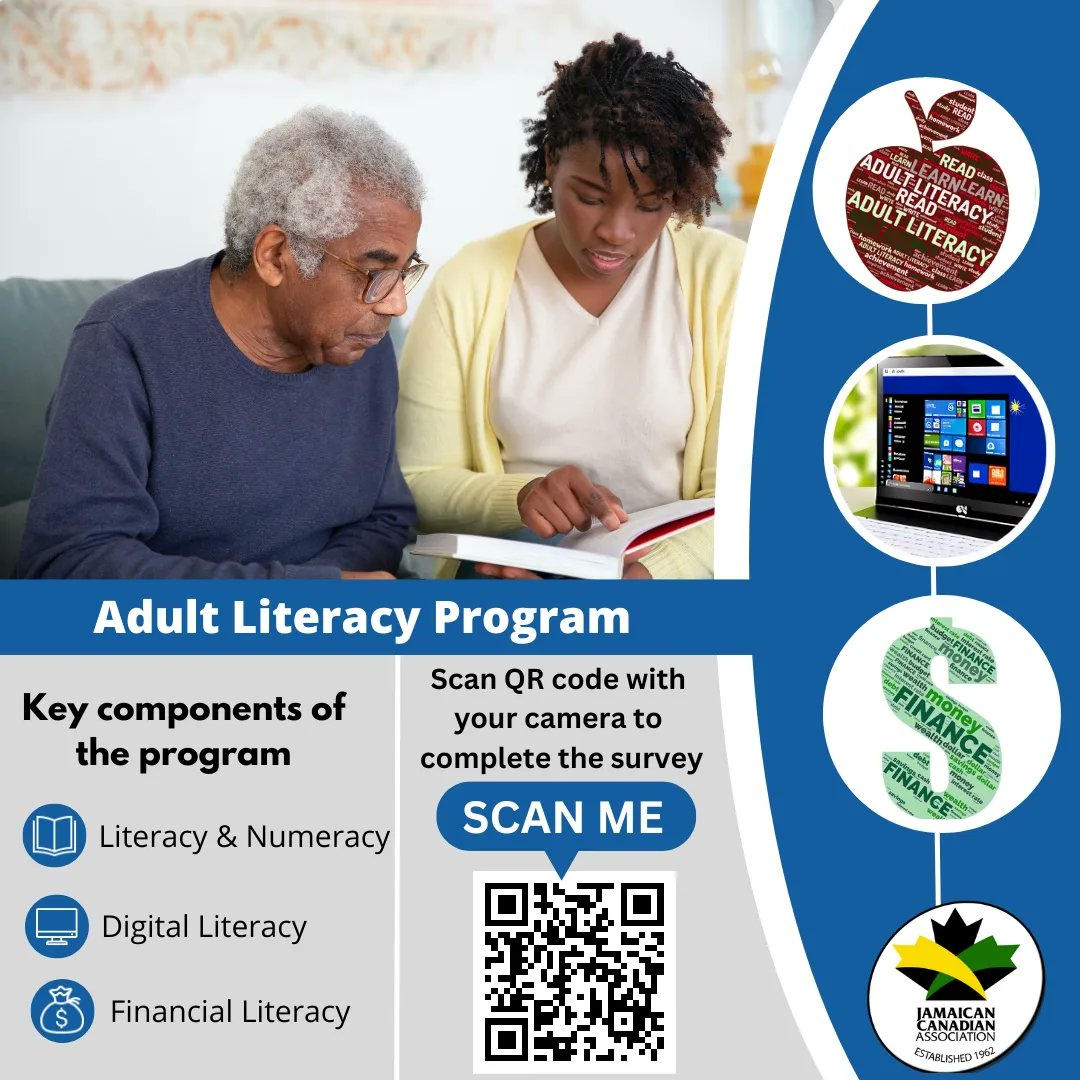 We are exploring the development of a culturally appropriate adult literacy initiative for Jamaican and Caribbean Canadians residing in the Greater Toronto Area. Therefore, we kindly request your participation in a short 5 minutes survey linked in our bio or scan the QR below.