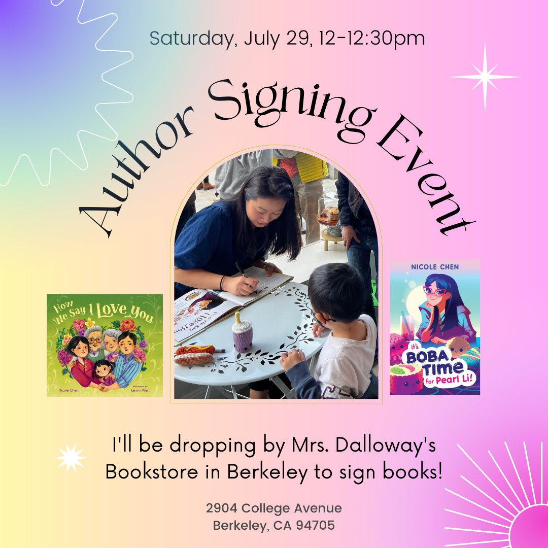 East Bay folks, I'll be at @MrsDsBooks this Saturday 7/29 from 12-12:30pm to sign books! I'd love to meet you if you're inclined to stop by and chat all things kidlit, or boba, or crafts, or how you show love. 

mrsdalloways.com/events/nicole-…
