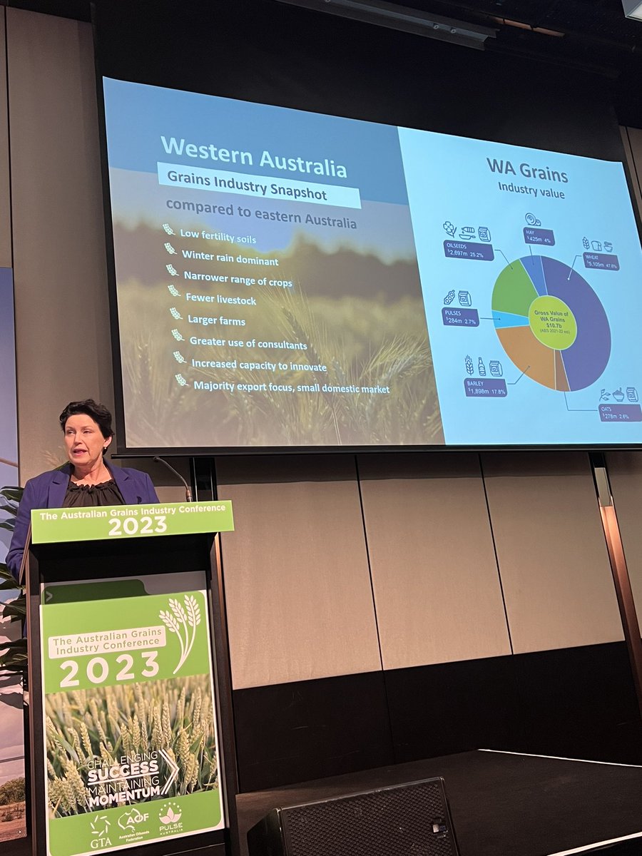Mary_Raynes's tweet photo. Hon. Jackie Jarvis MLC - Gov of Western Australia (WA) at the 2023 @AUSGRAINSCONF
Grains industry challenge - produce more grains with less emissions.
All Australian Government are now aligned on the importance of responding to the challenges of climate change. #AGIC23 https://t.co/coPv2zW0kJ